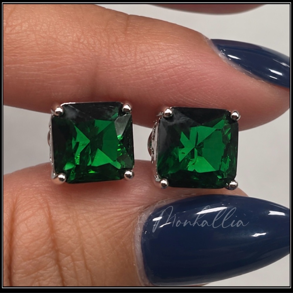 18k white gold simulated emerald brilliant square cut princess stud earrings